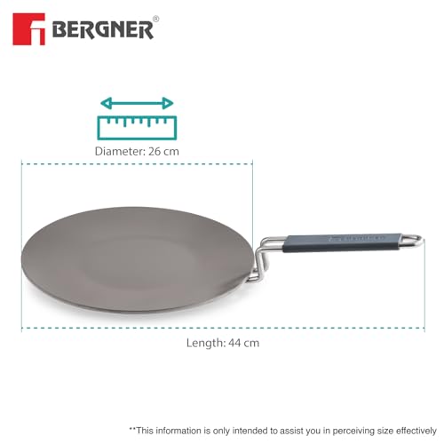 Image of BERGNER Tri-Ply Argent Ceramica 26cm Roti Tawa with Ceramic Coating, Non-Stick Coated Roti Tawa with Stay Cool Handle, PFOA Free, Durable, Food Safe, Even and Faster Heating - Induction Compatible