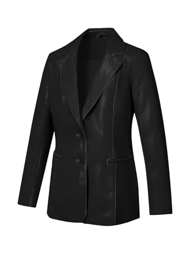 Bellivera Woman's Faux Leather PU Blazer Open Front Business Casual Jacket Mid-Length Fall Fashion Coat with Pockets2