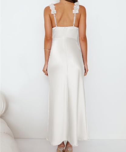Image of Phicia Summer Satin Spaghetti Strap V Neck Midi Dresses for Women Wedding Guest Elegant Flower Backless Cocktail Formal Dress
