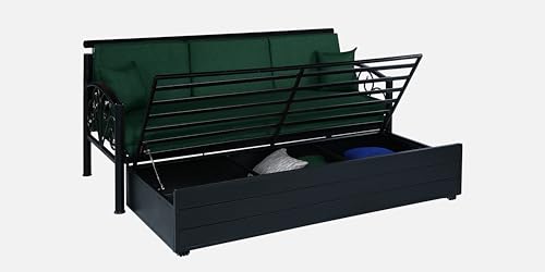 Image of 3 Seater Metal Sofa Cum Bed with Hydraulic Storage | Sofa Set for Living Room, Bedroom, Guest Room| Single Size Convertible Sofa Bed | Comfortable Seating Sofa Peacock & Black