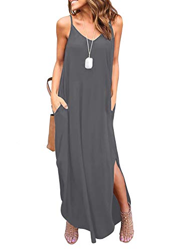 Image of HUSKARY Women's Summer Casual Sleeveless V Neck Strappy Split Loose Dress Beach Cover Up Long Cami Maxi Dresses with Pocket