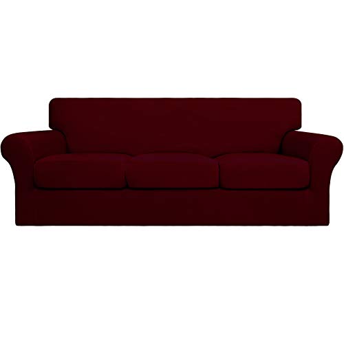 Image of Easy-Going 4 Pieces Stretch Sofa Cover for 3 Cushion Couch Washable | Sofa Slipcover for Stretch 3 Separate Sectional Cushion Couch - Elastic Furniture Protector for Pets, Kids Wine