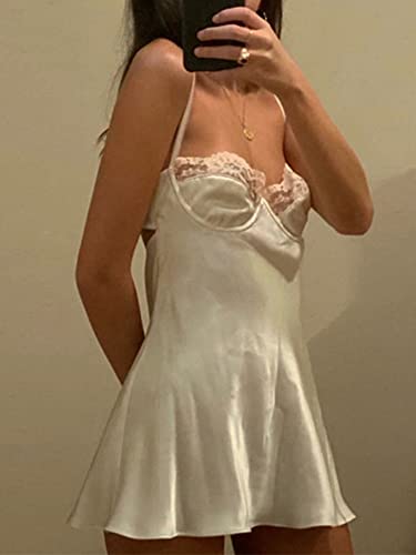 Image of Women's V Neck Adjustable Spaghetti Straps Sleeveless Sexy Backless Dress Y2k Lace Dresses Party Clubwear