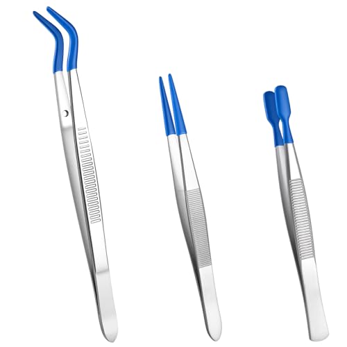Fibraze 3 Pcs Rubber Tipped Tweezers PVC Coated Set Long Tweezers for Crafts Straight Flat Tip Long Bent Tweezer for Crafting Stamps Beads Jewelry Blue