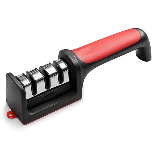 Sharp Knife Sharpener - 3 Stage Professional Kitchen Knife Sharpening Tool for Dull Knives Scissors Chef Knives Non-Slip Base Ergonomic Handle Red
