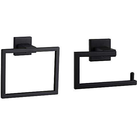 BEIGEEWY SUS 304 Stainless Steel Bathroom Accessory 2-Piece Set Toilet Paper Holder Towel Ring Wall Mount, Matte Black Cover