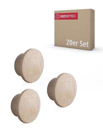 Gedotec Abdeckkappen Loch-Abdeckungen Holz für Blind-Bohrung Ø 10 mm | Massivholz Ahorn naturbelassen | Gesamt Ø 15 mm | Kappen rund zum Eindrücken | 20 Stück - Endkappen für Möbel & Schrauben-Löcher