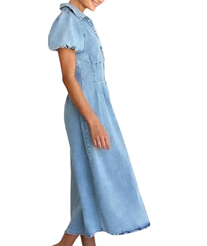 Sexyshine Women's Button Down Denim Long Dress Puff Sleeve Ruched Slim Fit High Waist Lapel Collar Jean Shirt Dress2