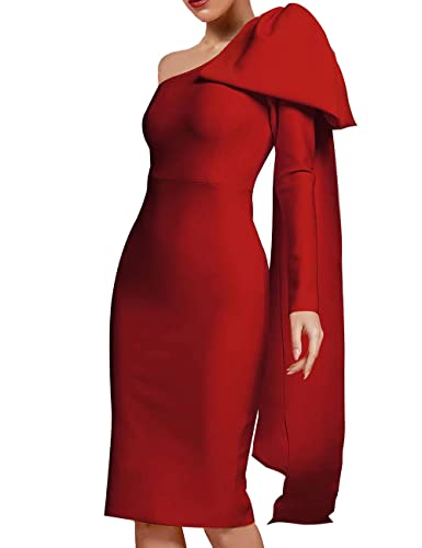 Image of UONBOX Women's One Shoulder Bowknot Long Sleeve Bodycon Knee Length Club Party Bandage Dress
