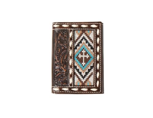 Nocona Belt Co. Men's Trifold Floral Embossed Cross Embroidered Wallet, Brown