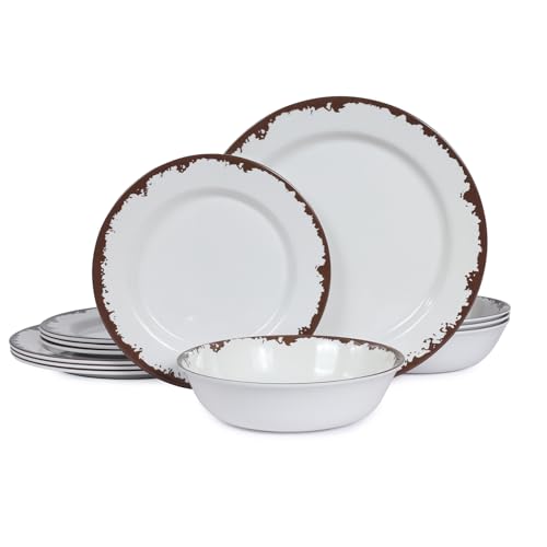 Yinshine Melamine Dinnerware Farmhouse Plates and Bowls Set for 4-Off White