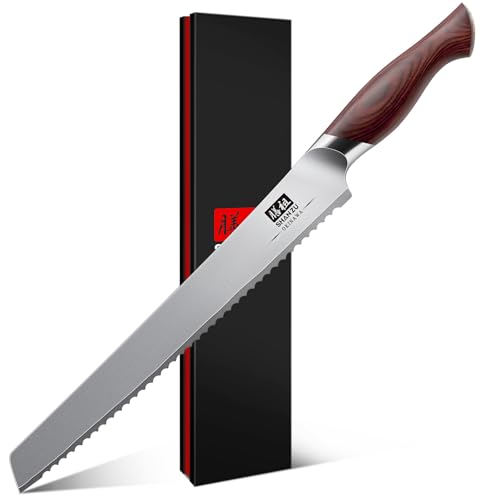 SHAN ZU Cuchillo Pan 25 cm, Cuchillo Sierra Japonés para Pan, Bagels y Pasteles, Coltello da Torta con Hoja Afilada de Acero Inoxidable de Alto Carbono 10Cr15Mov y Mango Ergonómico de Madera de Pakka