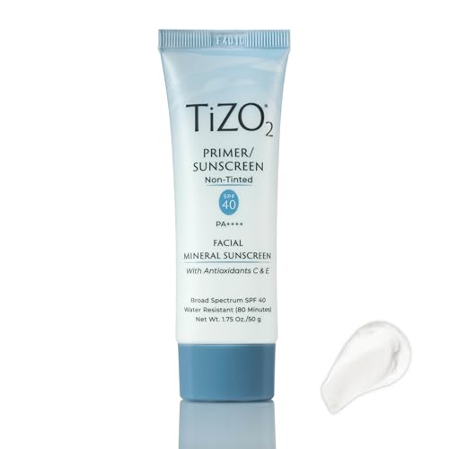 TiZO2 Facial Mineral Sunscreen and Primer, Non-tinted Broad Spectrum SPF 40 with Antioxidants, Sheer matte finish, Fragrance-Free, Oil-Free, Dermatologist-recommended, PA++++ 1.75 oz