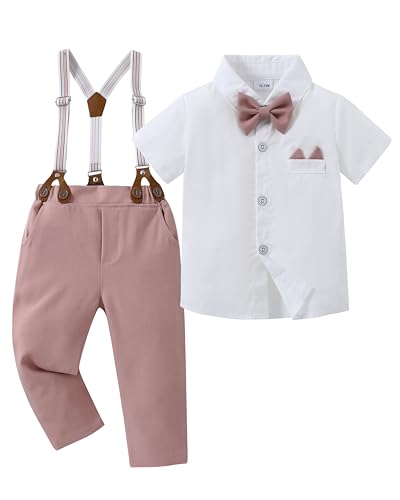 Image of YALLET Toddler Baby Boy Clothes Suit Gentleman Wedding Outfits Formal Dress Shirt+Bowtie+Suspender Pants