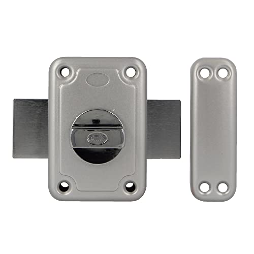 Amig - Cerradura de Sobreponer con Palanca de Cierre y Muletilla Interior para Puertas de Madera Mod. 80-96 x 66 mm - Pestillo Con Cilindro Redondo de Seguridad - Acero Esmaltado Plata