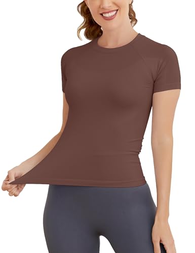 Image of MathCat Short Sleeve Workout Tops for Women, Seamless Women's Compression Shirt, Yoga Running Athletic Shirts Soft Gym Tops