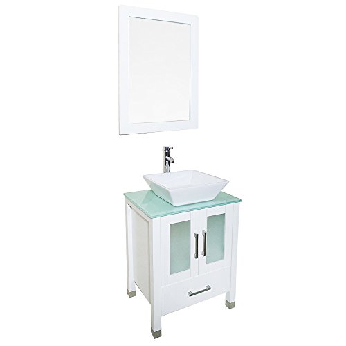 QIERAO 24 inch White Bathroom Solid Wood Vanity with Mirror Countertop Square Ceramic