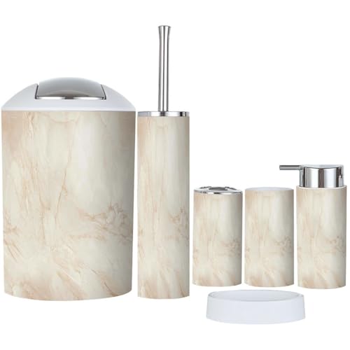 Bathroom Accessory Set 6 Piece Beige Marble Light Pink Toothbrush