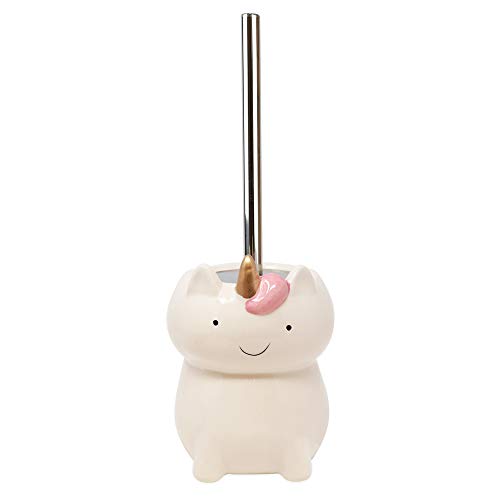 Image of Isaac Jacobs White Ceramic Unicorn Toilet Bowl Brush Holder with Chrome Metal Handle (Unassembled) - Bathroom Accessory & Cleaning Storage (Unicorn)