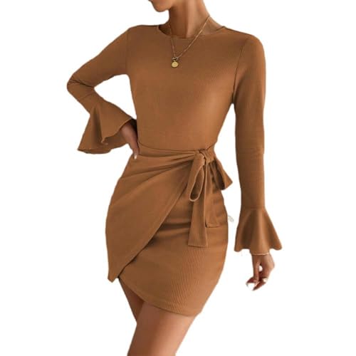 Vestido evasé de Manga Larga con Cuello Redondo y Adelgazante para Mujer - Marrón Claro - XL