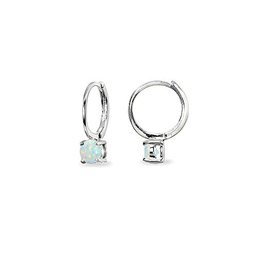 Sterling Silver Synthetic White Opal 5mm Solitaire Small Round Huggie Hoop Earrings for Women Teen Girls