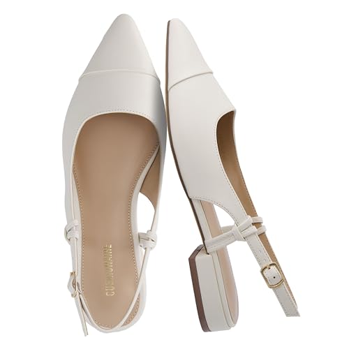 CUSHIONAIRE Women's Forever Pointed Toe Sling Back Dress Shoe +Memory Foam, Wide Widths Available, Cream Smooth