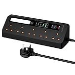 Desk Extension Lead with USB Slots, BOCHLION 2 USB C and 2 USB A Ports Power Socket With Night Light, 5 Way Plug Extension Socket Surge Protector, Desktop Power Strip 1.8M for Home Office-Black