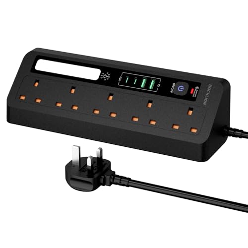 Desk Extension Lead with USB Slots BOCHLION 2 USB C and 2 USB A Ports Power Socket With Night Light 5 Way Plug Extension Socket Surge Protector Desktop Power Strip 1.8M for Home Office-Black