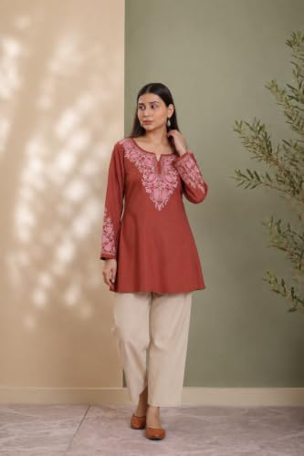 Image of QAZMI Women Aari Embroidered Viscose Rayon A-Line Full Sleeves Short Kurti