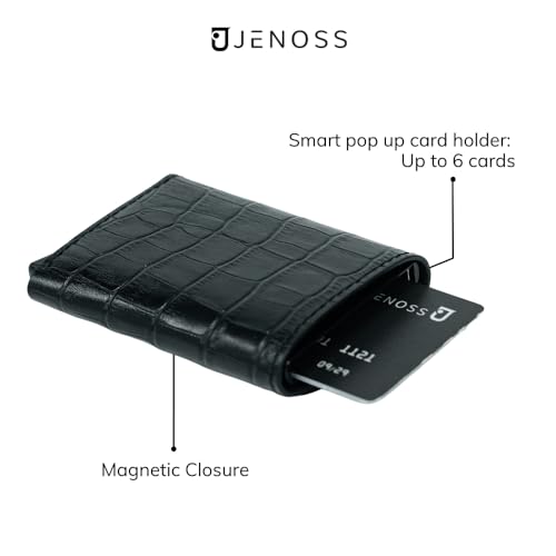 Image of Jenoss Smart Wallet For Men: Full Grain Leather, Handcrafted, Slide Metal Pop Up Case, Slim RFID Blocking Credit Card Holder, Minimalist, Compact, 6-8 Cards Organizers, Front Pocket, Money Clip (Navy)