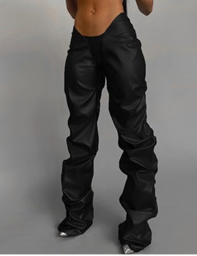 Women's Stacked Faux Leather Pants, Low Waist Ruched Metallic Trouser2