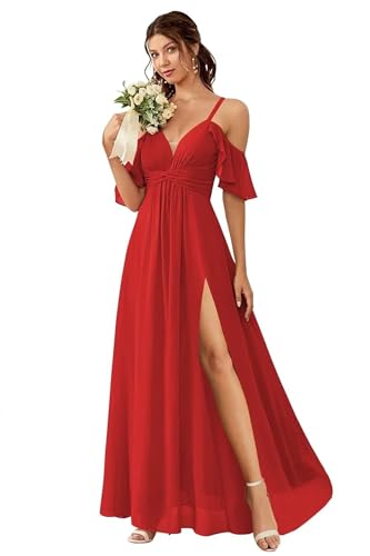Off Shoulder Chiffon Bridesmaid Dress with Slit A line Bridesmaid Dresses 2024 Bridesmaid Dress with Spaghetti Straps