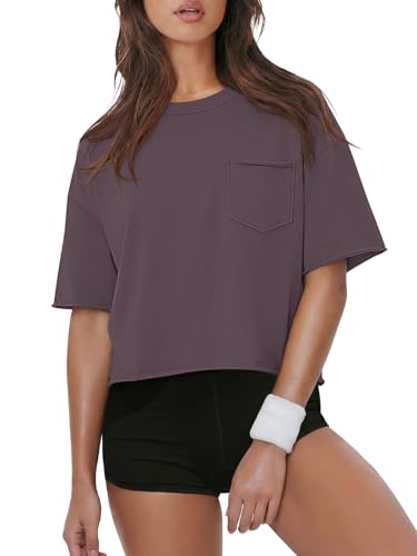 Image of ATHMILE Womens Crop Tops Workout Shirts Gym Oversized Spring Summer Basic Tees Short Sleeve Casual Loose Drop Shoulder 2026