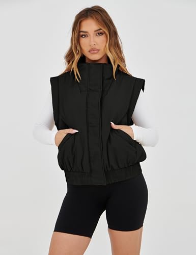 SKIKYAN Women Quilted Puffer Vest Button Down Scrunch Sleeveless Winter Stand Collar Padded Gilet with Pockets2