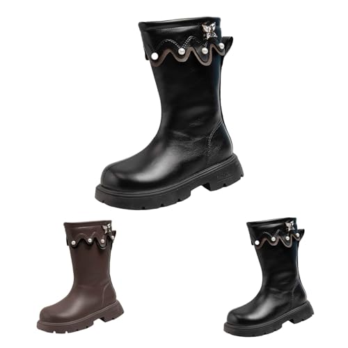 Girls Riding Boots Side Zipper Round Toe Rhinestones Butterfly Pearl Dress Boots Halloween Party Dress Shoes