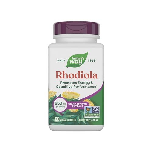 Natures Way Rhodiola Premium Extract 250 mg per serving Supports Energy & Cognitive Performance* Adaptogenic Herb* Non-GMO Project Verified Vegan Gluten Free 60 Capsules (Packaging May Vary)