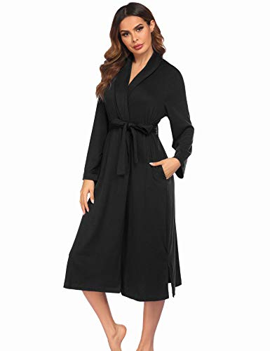 Evanhome Cotton Bathrobe Women Long Kimono Robe V Neck Nightgown Long Lightweight Robes(Black,X-Large)