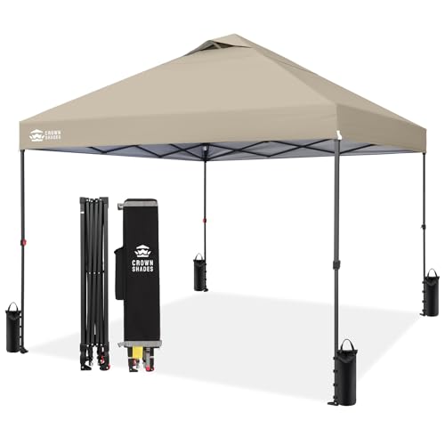 Image of CROWN SHADES 10x10 Pop Up Canopy Tent - Patented Center Lock One Push Instant Outdoor Canopy Beach Tent with STO-N-Go Bag 8 Stakes & 4 Sand Bags,Khaki