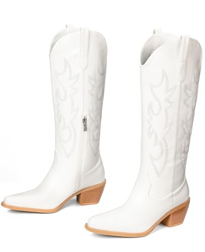 Image of Pasuot Western Cowboy Boots for Women - Knee High Wide Calf Cowgirl Boots, Slip On Pointed Toe Chunky Heel Fashion Retro Classic Pull On Tall Boot for ladies Party concert