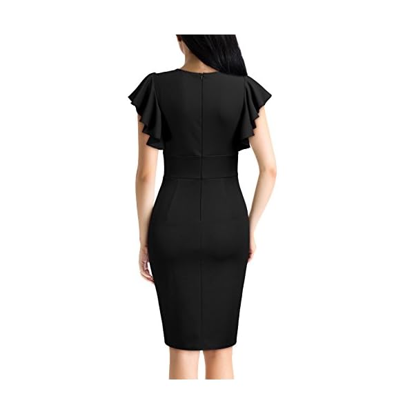 Knitee Women's Deep-V Neck Ruffle Sleeves Cocktail Party Pencil Slit Formal Dress (A-Black, Large)