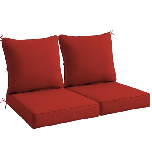 Sundale Outdoor Olefin Deep Seat Cushion Set of 2, Patio Chair Cushion and Pillow, Water-Resistant Sectional Sofa Pad with Straps Red, 24 x 24 x 4 Inches