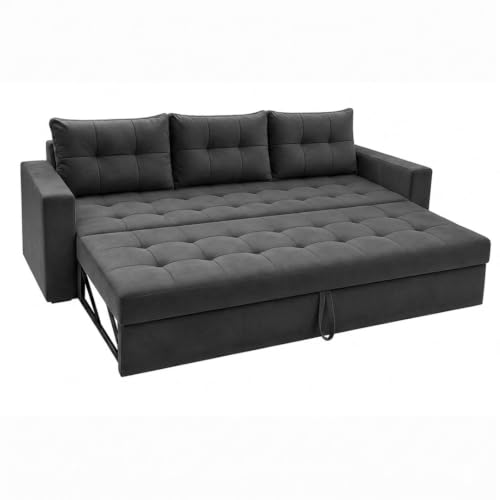Image of FURNY Tressa 3 Seater Fabric Pull-Out Sofa Cum Bed Function (Dark Gray) | Luxury Velvet Suede Finish | Durable Comfort Sofa Bed for Modern Living Room & Office Spaces