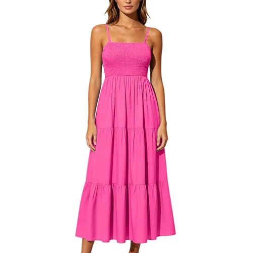Image of Shirred Dress for Women UK Square Neck Summer Strappy Dresses Elegant Spaghetti Strap Plain Maxi Dress Bohemian Beach Holiday Vacation Flowy Long Dresses Smocked Tiered Long Beach Sundress Strand