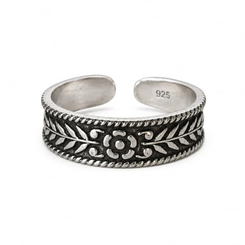 Sterling Silver Toe Ring, Handmade Adjustable Open Band - Ethnic Floral Design, Dainty Summer Beach Foot Jewelry for Women, Can Be Worn as Knuckle or Pinky Ring (Floral Oxidized Band)
