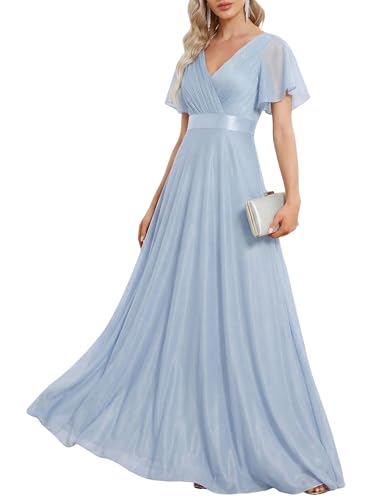 Image of Ever-Pretty Women's Summer Glitter Formal Dresses Evening Gown V Neck Short Sleeves Floor Length Mother of Bride Dress 50159