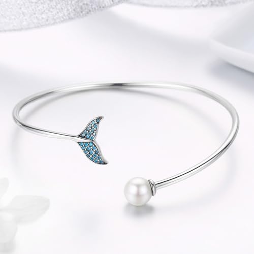 Bracelet queue de sirène ornement de main argenté S925 perles bleues