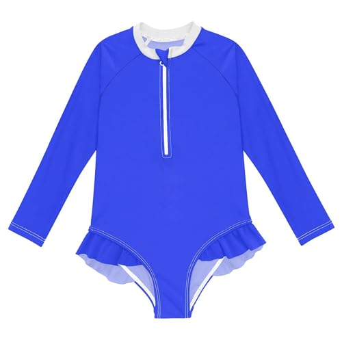 Plain Vivid Blue Baby Girl Bathing Suit Long Sleeve UPF 50+ One Piece Toddler Swimsuit Size 4t