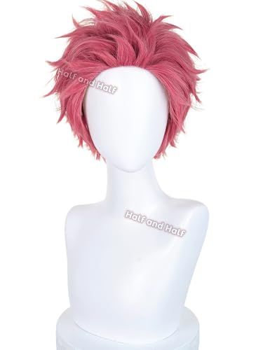 Image of Half and Half Akaza Cosplay Wig Short Rose Red Pink Demon Anime Wig Men's Dark Pink Ghost Layered Wigs for Male Men Halloween Party Daily Unisex Costumes