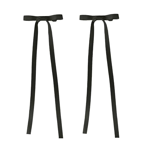 Grosgrain Ribbon Thin Hair Bow Clip with Long Tails Set of 2 (Black)