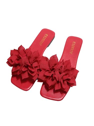 BEAUDRM Women's 3D Floral Flat Sandals Dressy Square Open Toe Sandals Single Band Casual Slip on Slides Solid Red 11